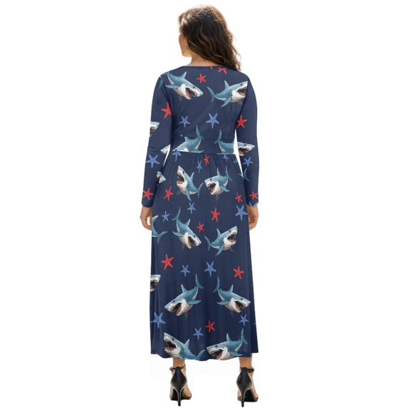 Tutolipy Shark Starfish Printed Dresses for Women Long Sleeve Maxi Dresses V Neck A Line Dress Wedding Guest Holiday Beach Long Dress, 2XL