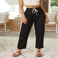 thumbnail image 2 of Cotton Linen Pants for Women High Waisted Solid Cropped Pants Casual Loose Wide Leg Pants with Pockets Drawstring, 2 of 7
