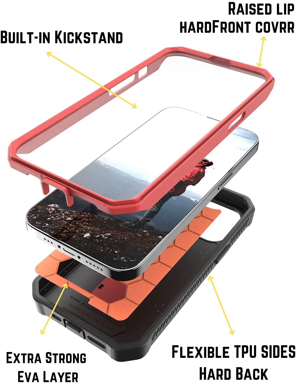 CaseBorne ArmadilloTek V Case for [iPhone 13 Pro] with Built-in Screen Protector & Kickstand Full-Body Multi-Layer Rugged - Red