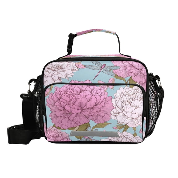 Insulated Lunch Bag 6L Leak-Proof Lunch Box with Shoulder Strap Multiple Pockets Lunch Tote Pink Peony Pattern