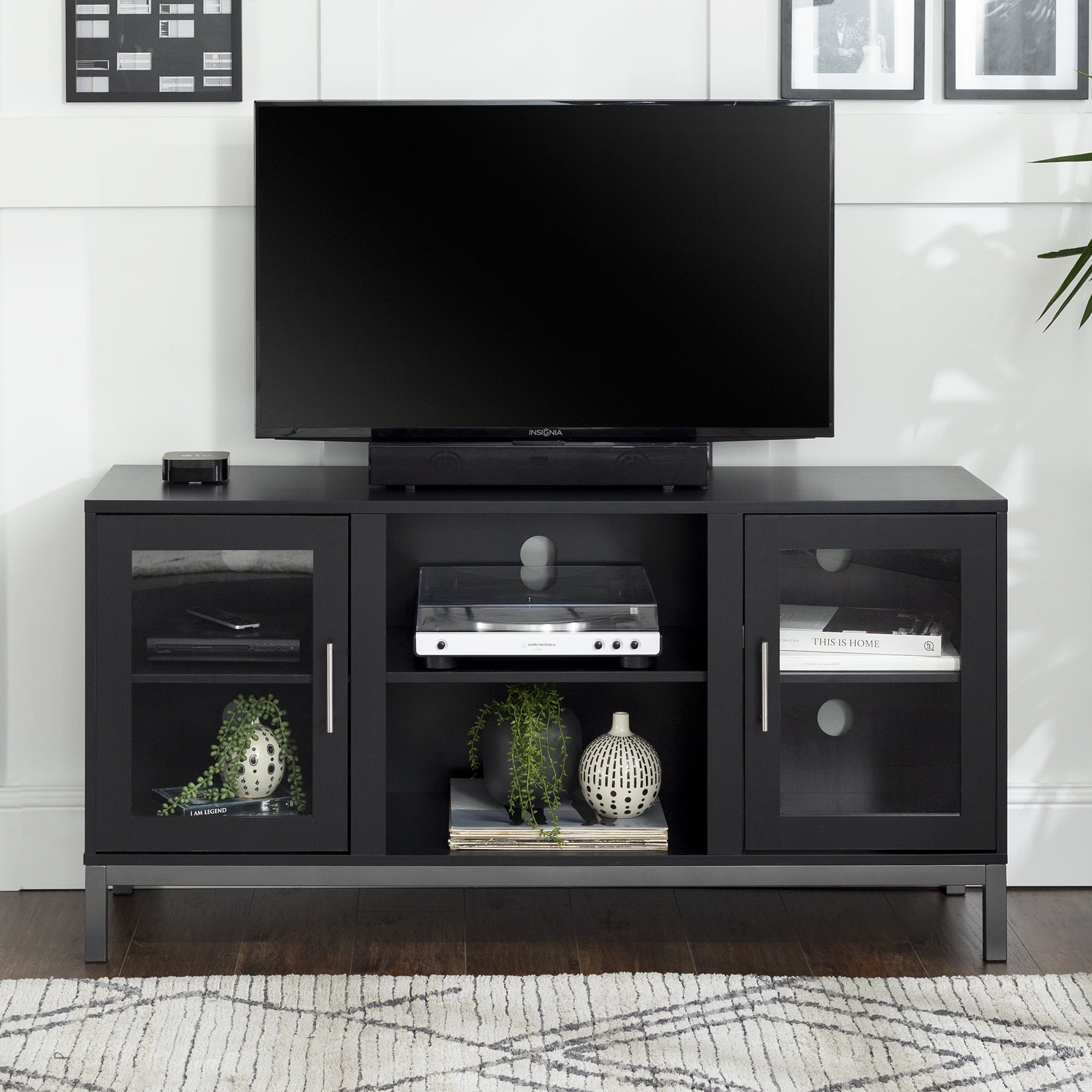 Manor Park Modern TV Stand with 2 Storage Cabinets for TVs up to 56", Black