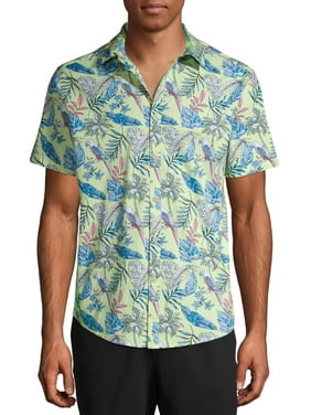 No Boundaries Men's Parrot Print Short Sleeve Button Up Shirt, up to Size 3XL