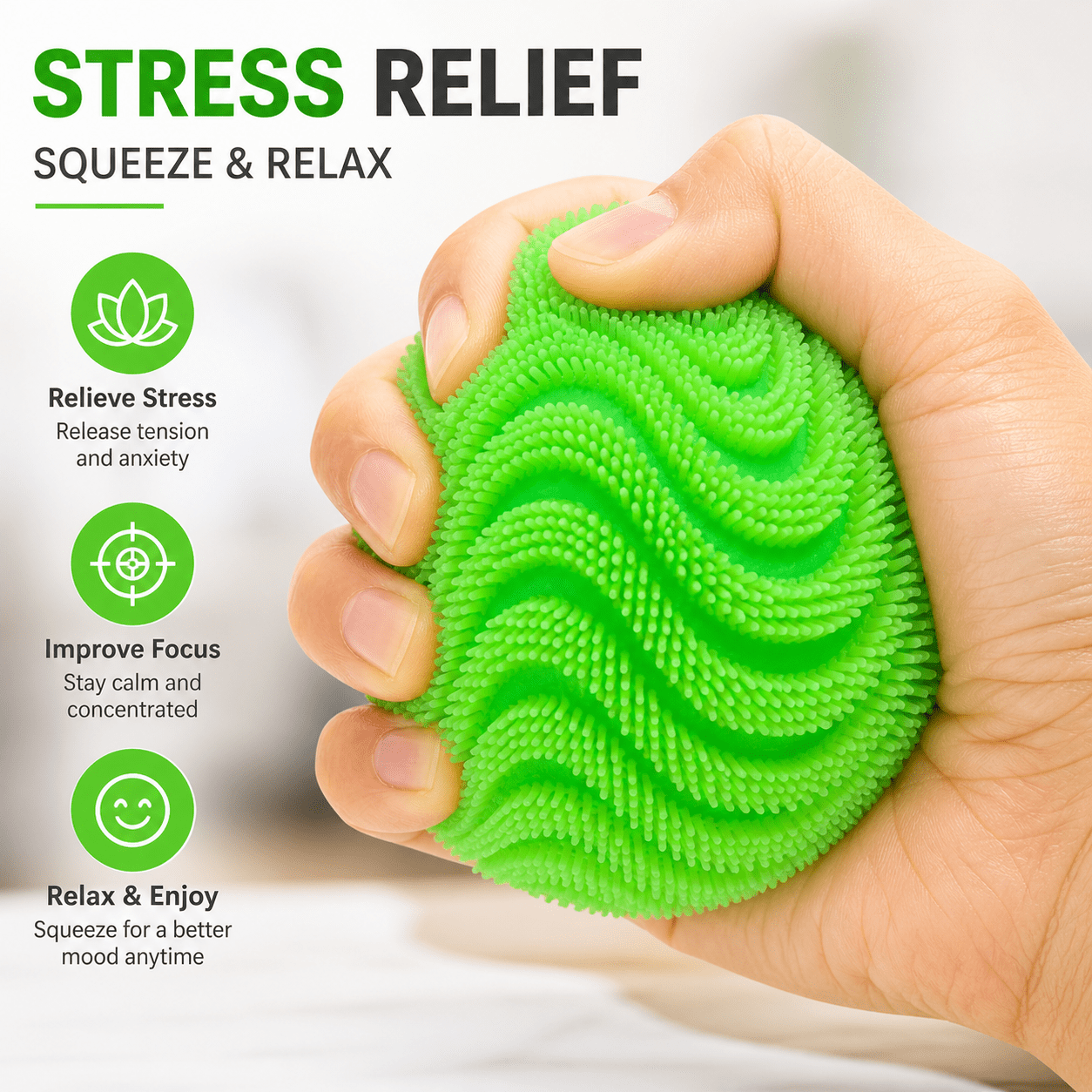 Silicone Stress Ball, Textured Squeeze Ball, Soft Elastic Hand Grip Ball for Desk, Office, Home, Travel and Everyday Focus