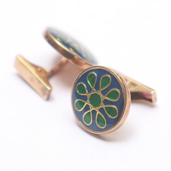 Antique Blue & Green Enamel Flower Pattern Round Sterling Silver Cufflinks – Handcrafted Elegant Men's Accessories