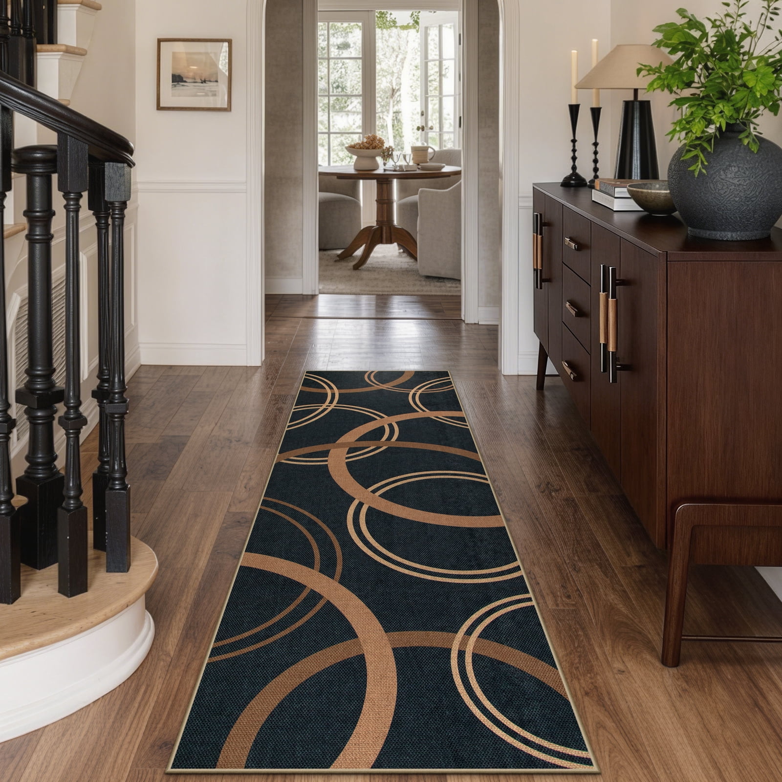 SUNDEREY 2'6"x8' Geometri Kitchen Rug,Runner Rugs 2.6x8ft Hallway Easy Jute Rug,Non Slip Washable Circular Pattern Rug,Soft Non-Slip Khaki Indoor Carpet for Entryway Laundry Bedroom,Black