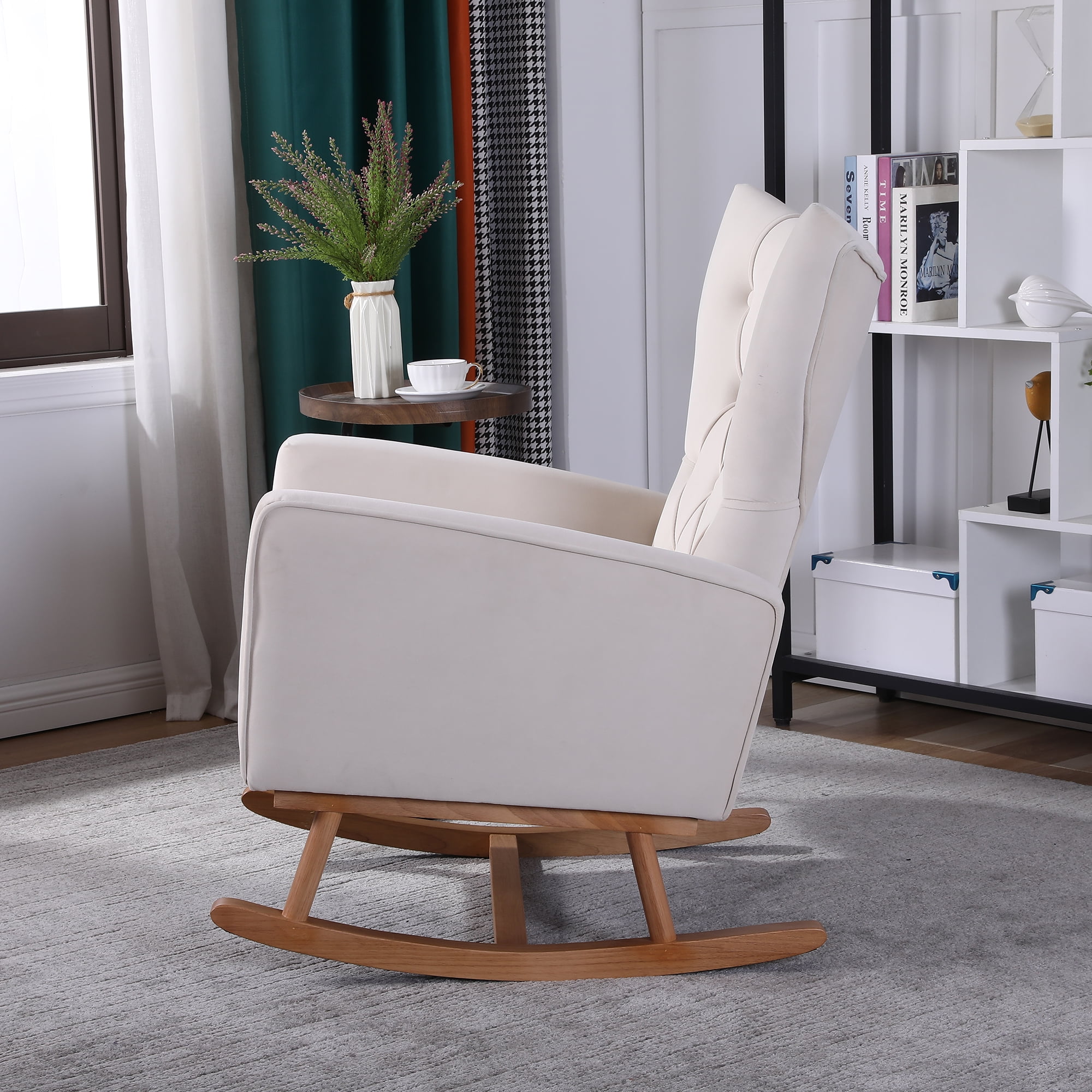 Resenkos Modern Velvet Rocking Chair Nursery with High Backrest, Living Room Accent Chair Armchair, White