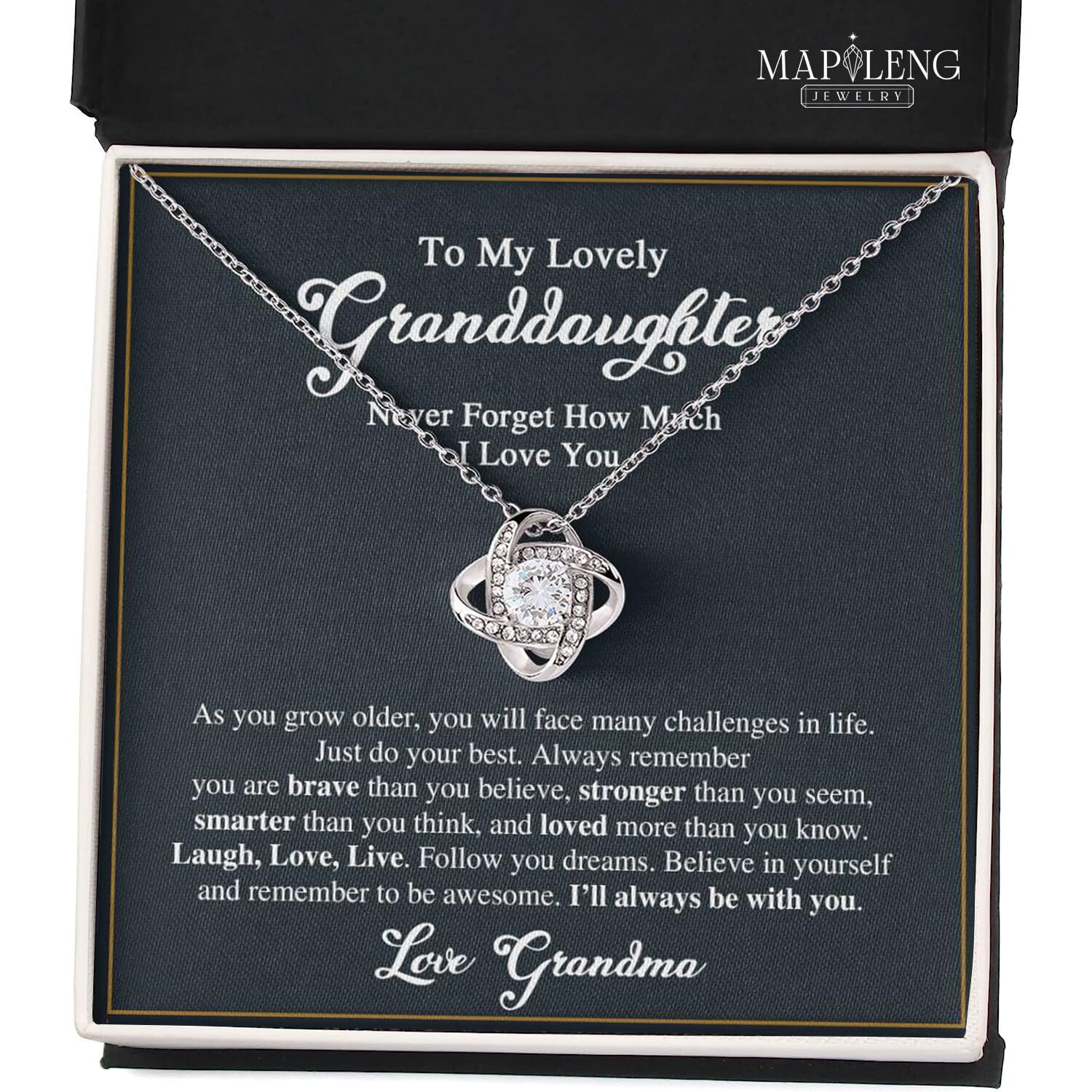 To My Granddaughter Necklace From Grandparents With Message Box, Granddaughter From Grandma Grandmother Or Grandpa Grandfather, Grand Daughter On Graduation Birthday #611, White Love Knot Necklace