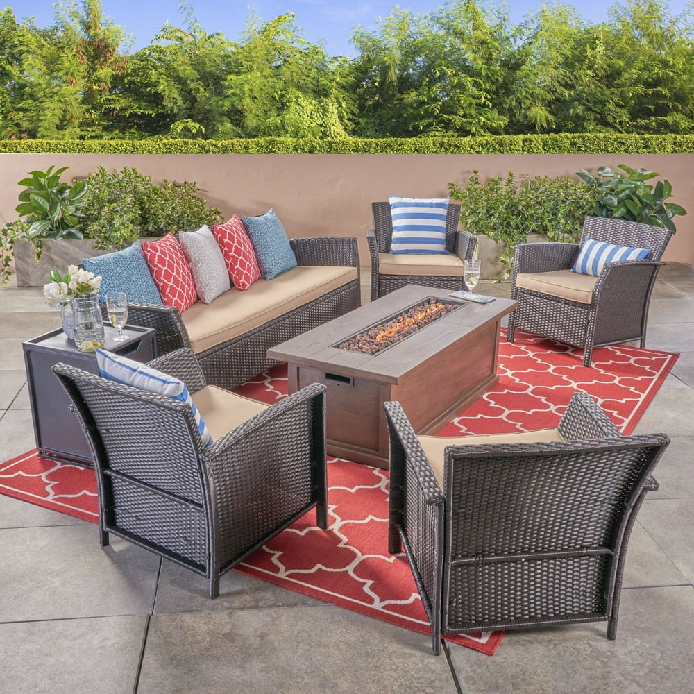 6pc Gray Outdoor Patio 8 Seater Chat Set with Fire Pit 67.5" - Walmart