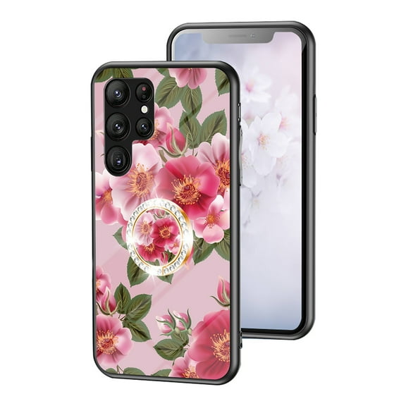 Allytech Galaxy S24 Ultra Case with Glitter Ring Holder, Floral Design TPU Back Cover for Girls Women Anti-Scratch Kickstand Shockproof Bumper Phone Case for Samsung Galaxy S24 Ultra