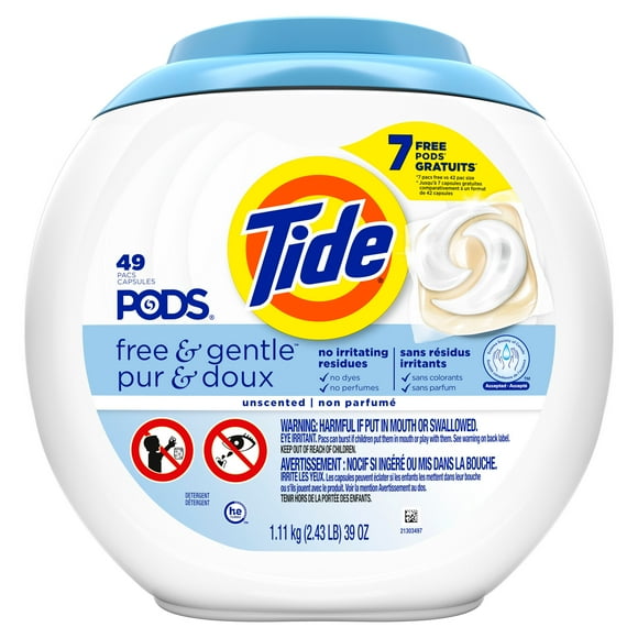 Tide PODS Free & Gentle Laundry Detergent Soap Pacs, 49 Count, Tide PODS Laundry Detergent, Laundry Detergent Pacs, Laundry PODS Detergent, 42 Count