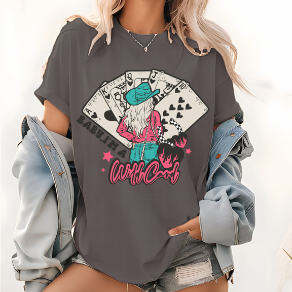 Womens "Baby, I'm A Wild Card" Poker Cards & Cowgirl Graphic Tees Vibrant - Colored Print T - shirts Casual Short Sleeve Tops Ideal For Daily Wear Shirts