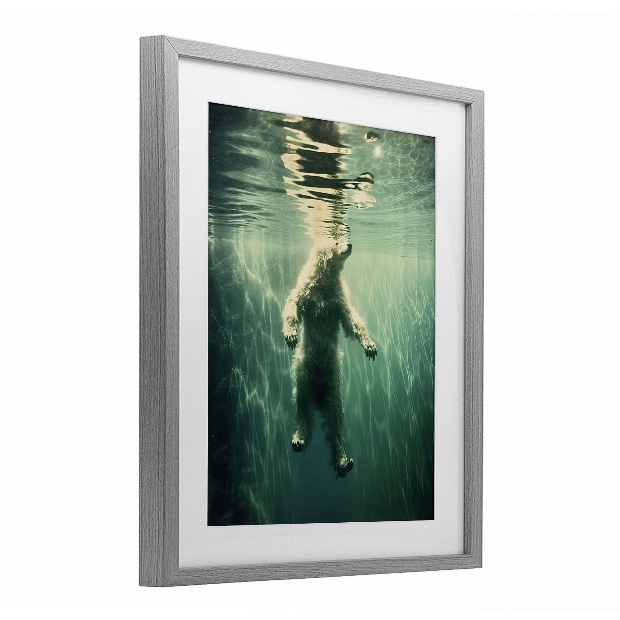 Floating Bear Underwater Gray Framed Print Under Glass, design by Decent Exposures