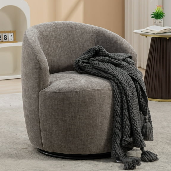 GOMYHOME Chenille Swivel Barrel Accent Armchair with Metal Base, Gray Upholstered Chair