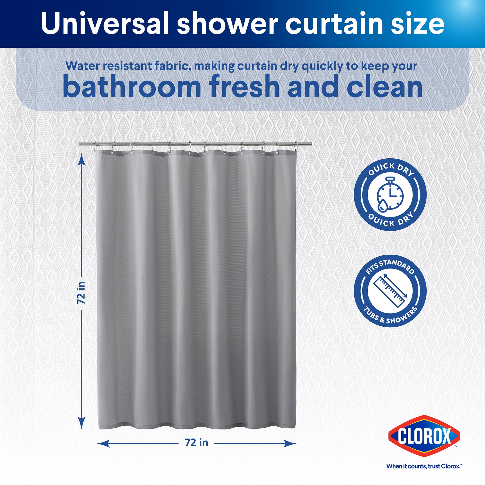 Clorox Waterproof Fabric Shower Curtain, Durable Fabric, Weighted Magnets - Gray, 72" x 72"