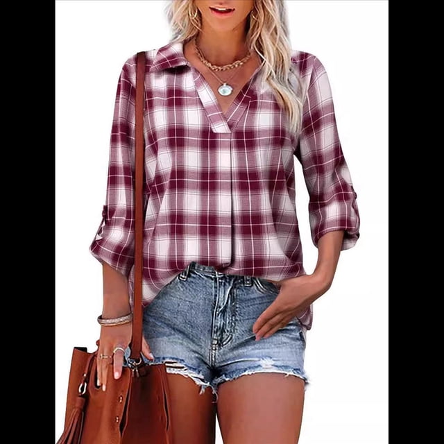 Blusa Holgada de Larga con Cuello en V y Estampado Collage de Otoño para Mujer Rojo XL