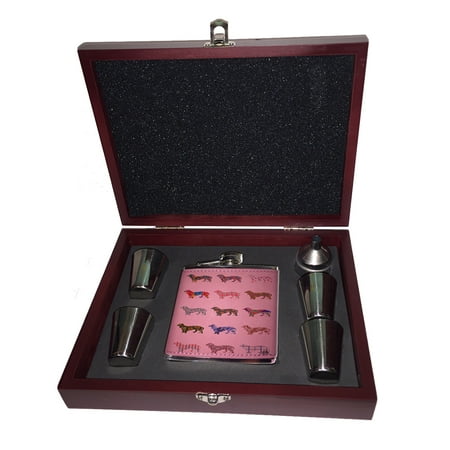 

KuzmarK Pink Leather Flask Set in Rose Wood Gift Box - Daschund Dog