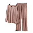 thumbnail image 2 of Two Piece Workout Sets for Women Womens Soft Loungewear Outfits, Crew Neck Long Sleeve Top Wide Leg Pants, Comfortable Two Piece Home Pajama Set Khaki L, 2 of 5