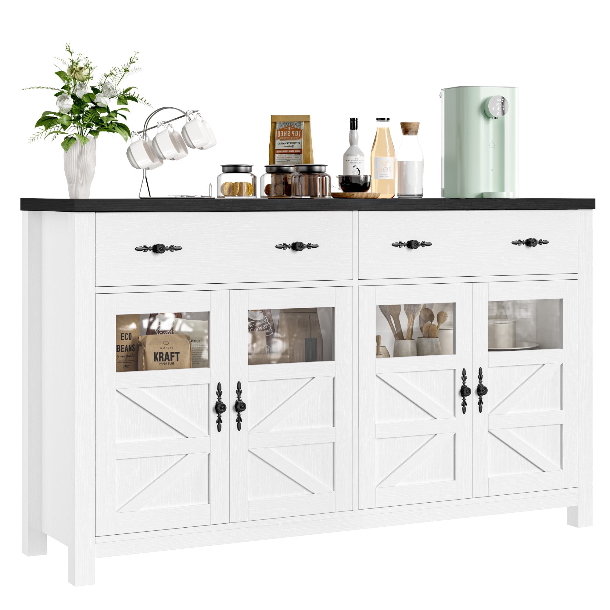 Homfa 55.1" Farmhouse Buffet Cabinet with Storage Drawer & Adjustable shelf, Kitchen Storage Cabinet with 4 Glass Door, Large Wood Sideboard Credenza for Dining Room, White & Black