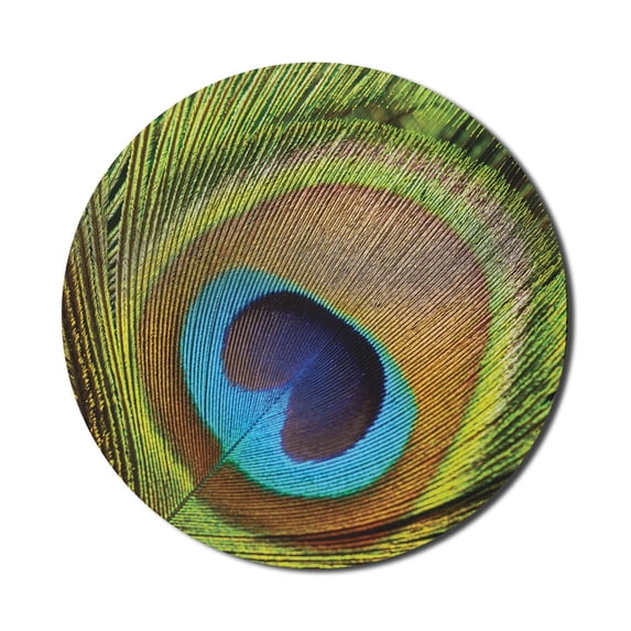Peacock Mouse Pad for Computers, Bird Feather Eye Shape Close up Picture Exotic Wildlife Themed, Round Non-Slip Thick Rubber Modern Gaming Mousepad, 8" Round, Green Teal Mustard, by Ambesonne
