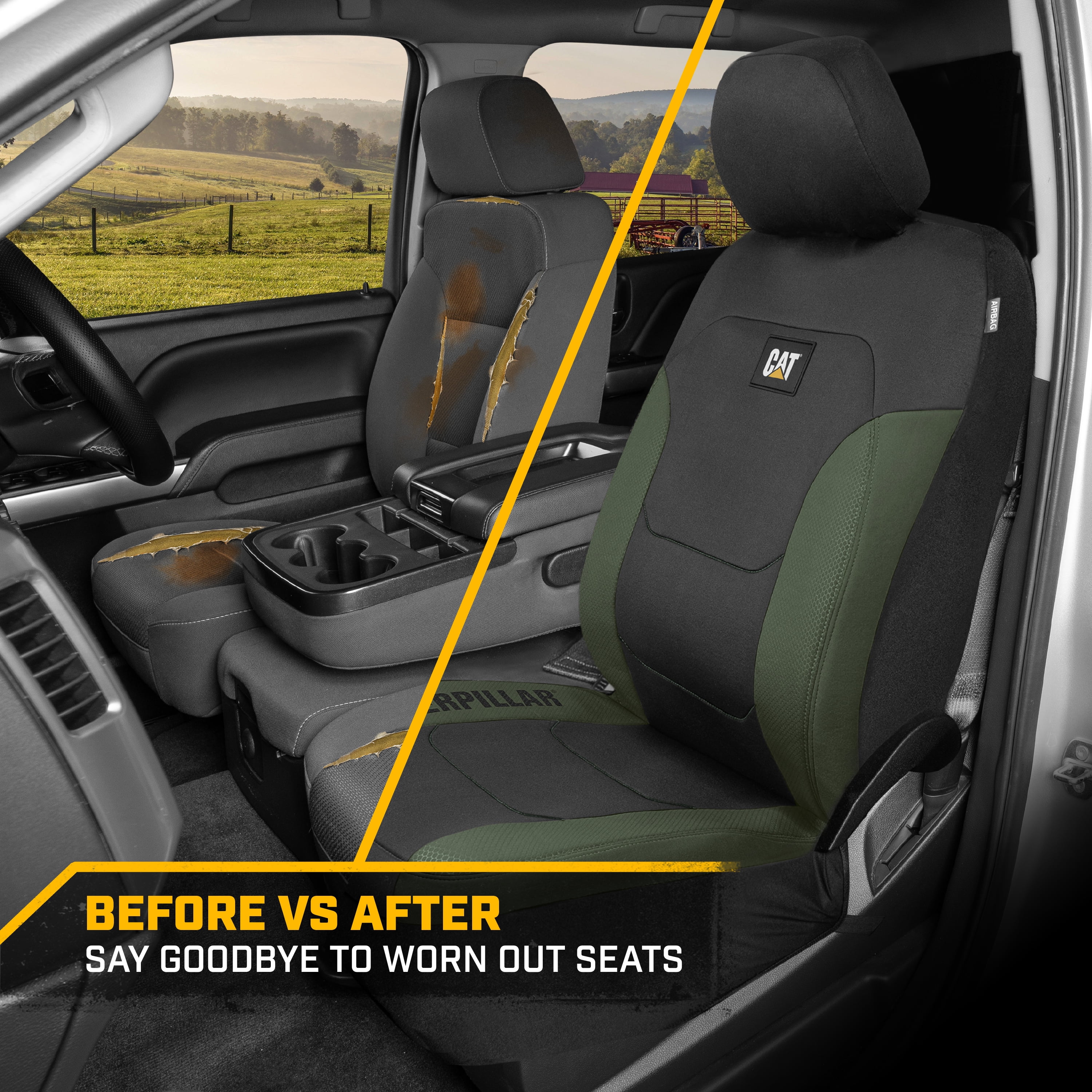 CAT FlexFit Green Black Seat Covers for Cars, Trucks, & SUV - (2) Front Car Seat Cover Front Seat Protectors - Airbag Compatible Seat Covers for SUV Interior Covers & Truck Seat Cover Car Accessories
