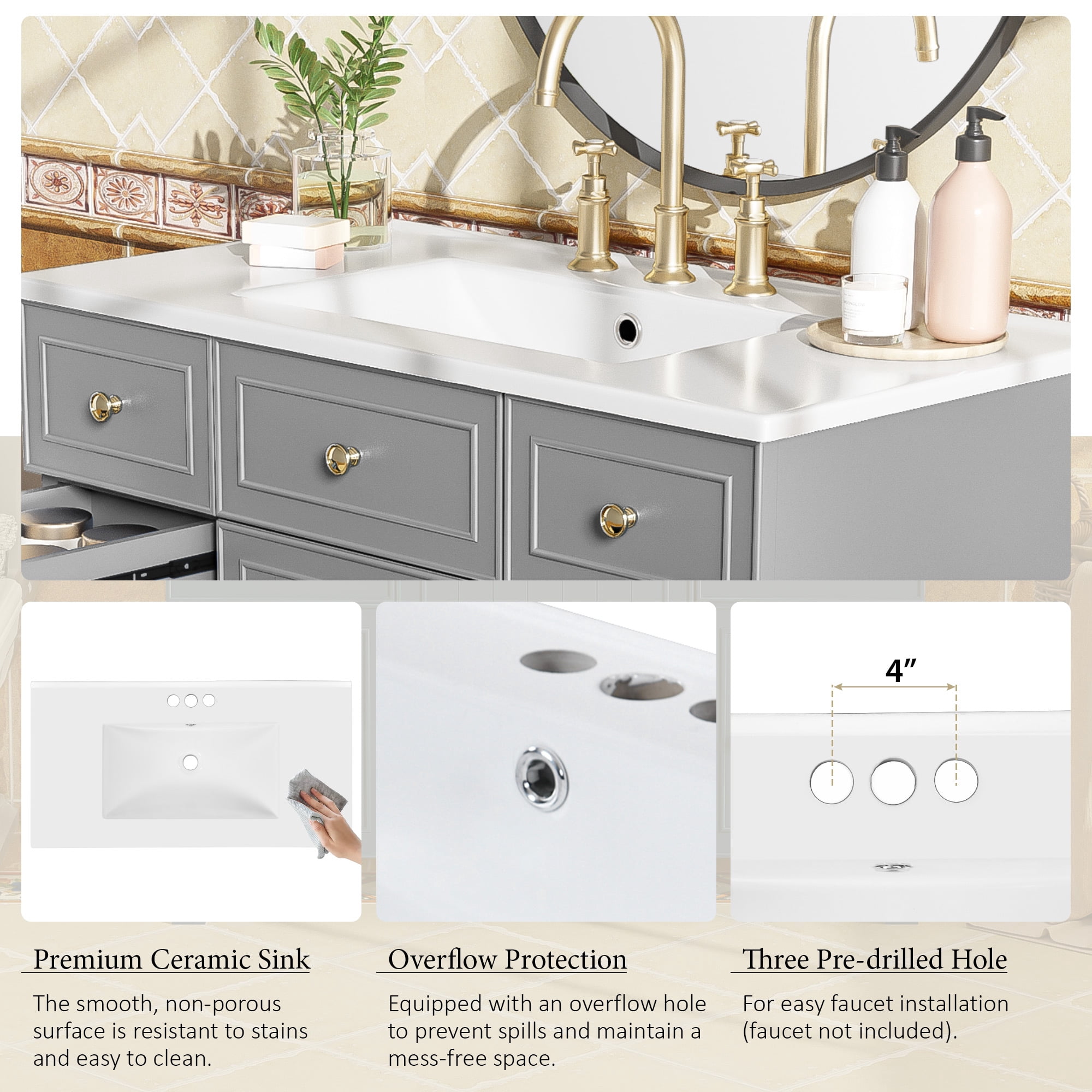 Euroco 36" Bathroom Vanity with Ceramic Sink, Grey, Solid Wood Frame, Soft Close Doors, Adjustable Shelves, 3 Drawers, Including Double-Depth Drawer for Hairdryer Storage