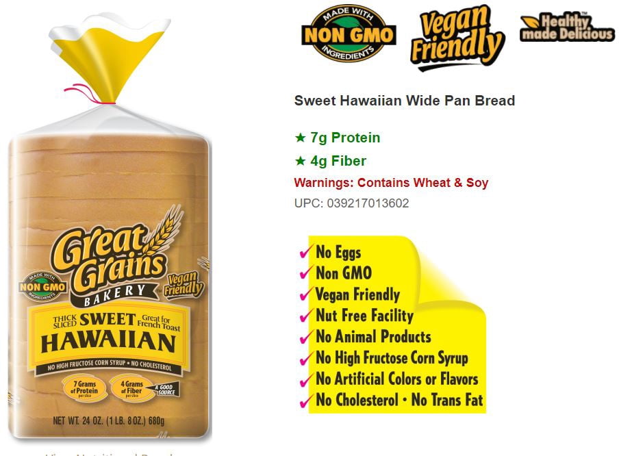 Great Grains Bakery Thick Sliced Sweet Hawaiian Bread, 24 Oz.