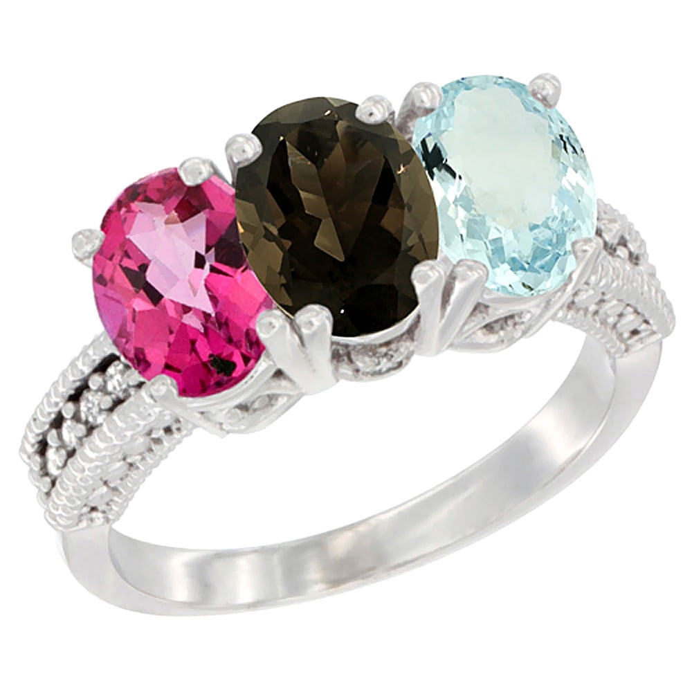 14K White Gold Natural Pink Topaz, Smoky Topaz & Aquamarine Ring 3-Stone 7x5 mm Oval Diamond Accent, sizes 5 10 by WorldJewels