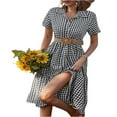 thumbnail image 3 of Femmes Bouton vers le Bas Chemise Robes à Carreaux Imprimer Midi A-line Robe, 3 of 7