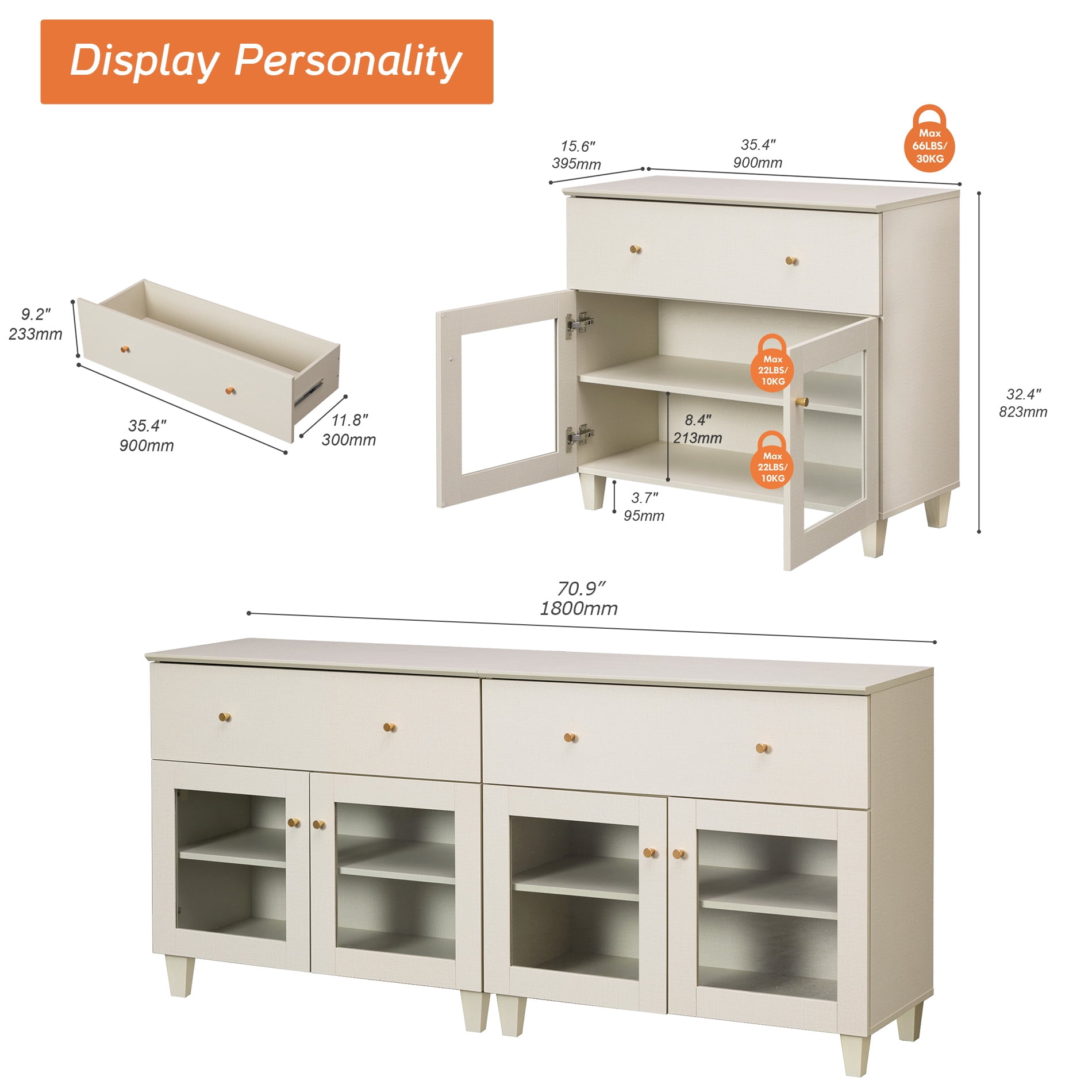 Modern Glass‑Door Dresser Cabinet, Bedroom Organizer – Wide Drawer, Fixed Shelf, Anti‑Tip, Beige, 71" W