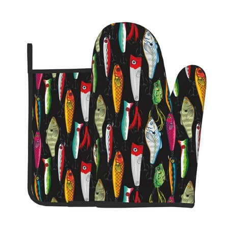 

Tebeau Colorful Fishing Lures Print Oven Mitts and Pan Racks 2-Piece Set Kitchen Oven Mitts and Pan Racks Heat Resistant 500 °F for Baking and Cooking