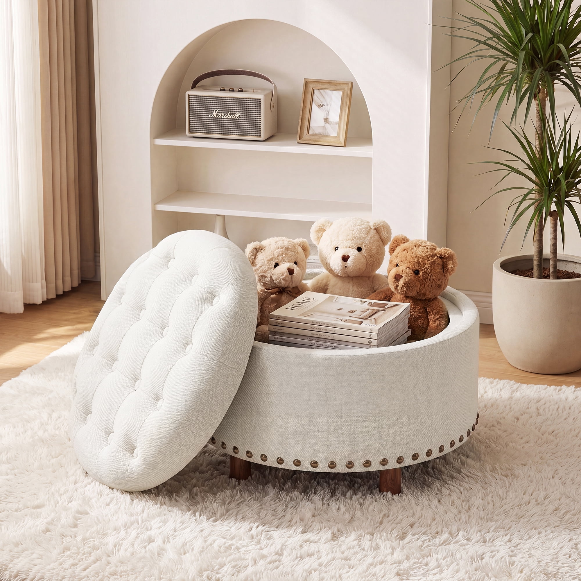 AFO Round Storage Ottoman with Tray, Beige Upholstered photo 1