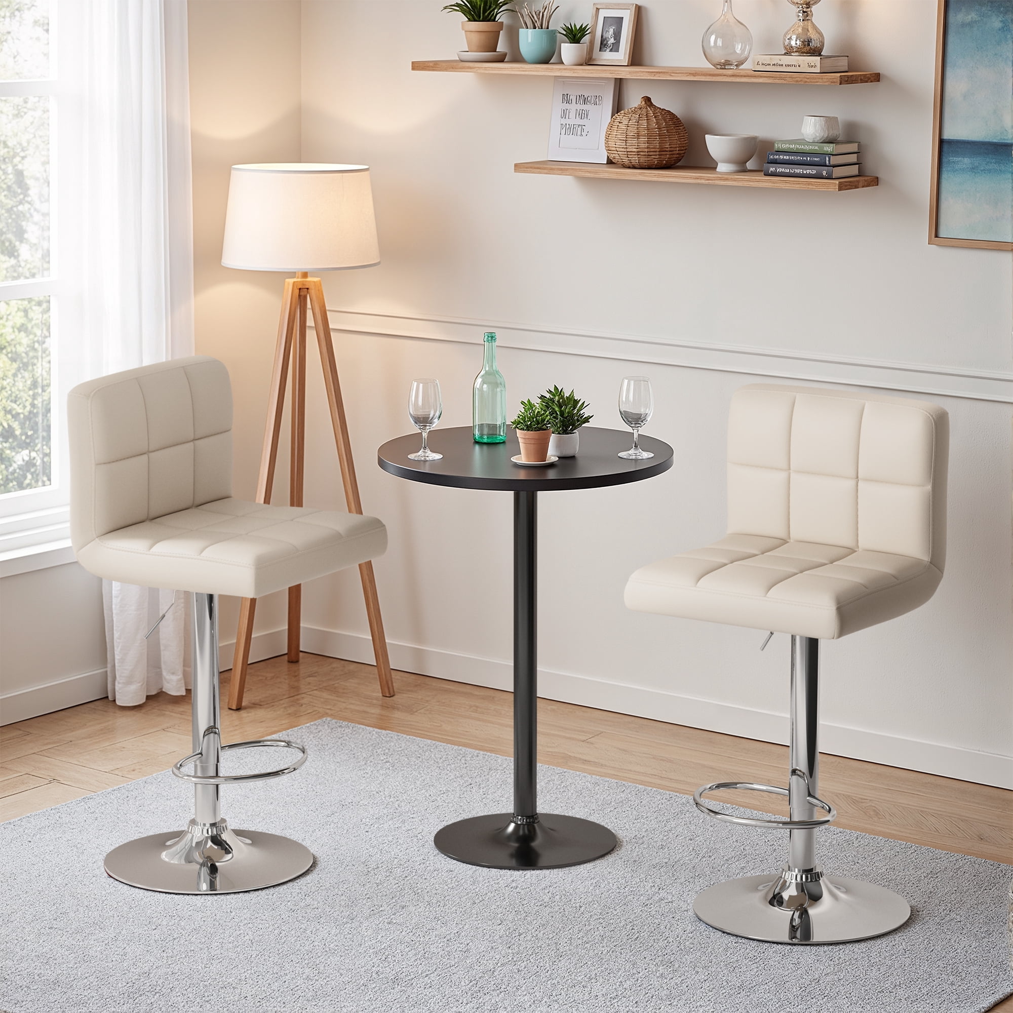Homall Bar Stools Set of 2 Modern PU Leather Height Adjustable Swivel Barstools Counter Square Island Barstool with Back for Bar Kitchen, Beige