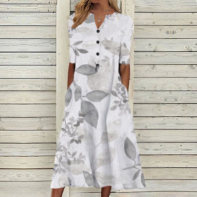 Robe de Plage Femme Décontractée à Manches Courtes Robes Taille Empire Robe sous le Genou Poches