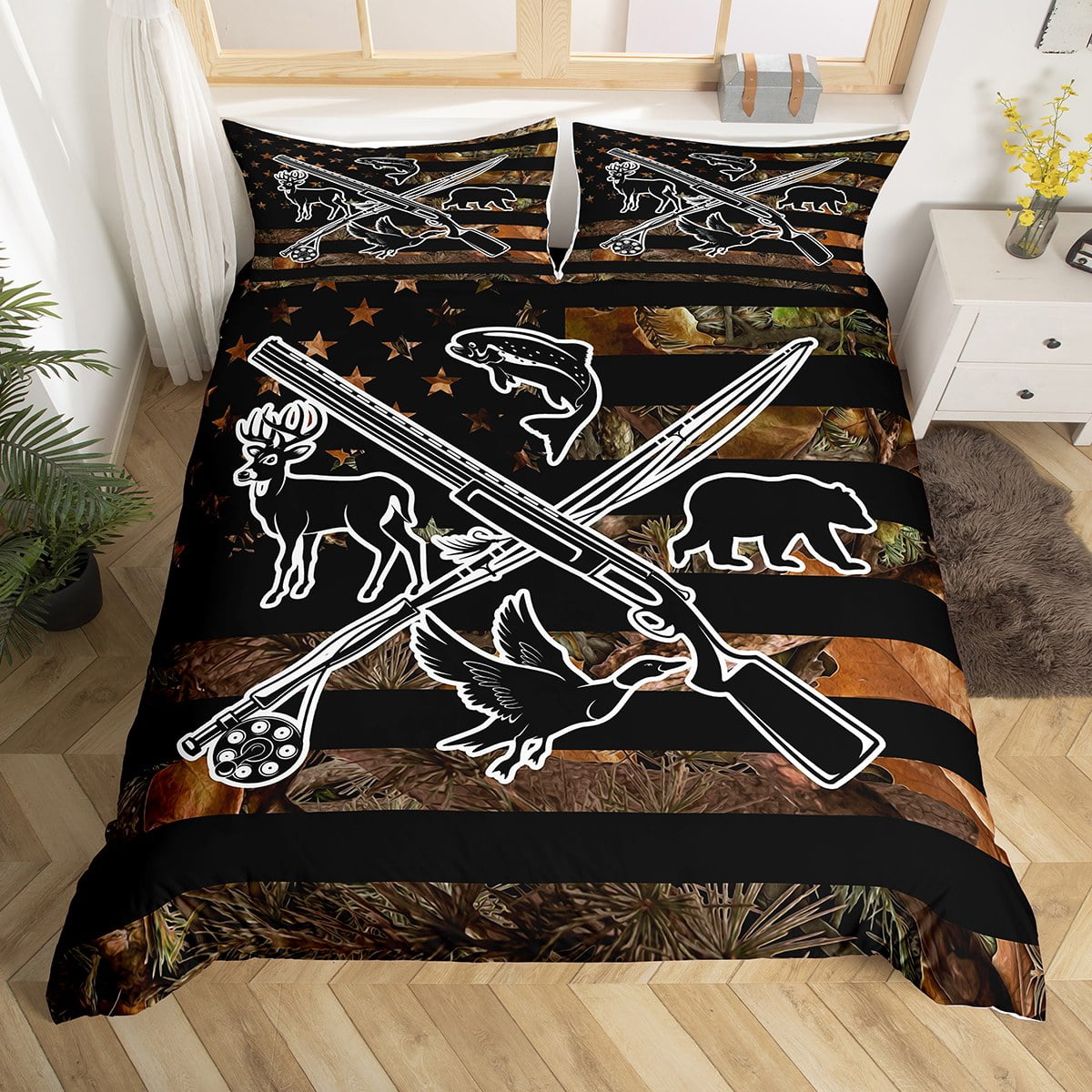 YST Hunting Fishing Bedding Set For Kids Boys Men Camo American Flag