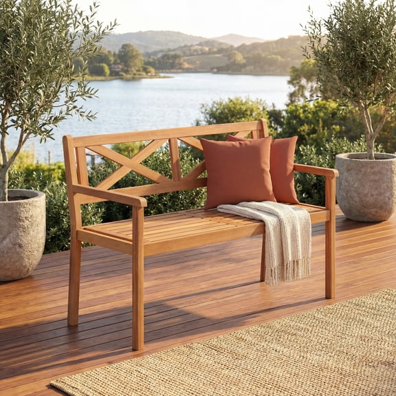 ELLEGNT Slatted Acacia Wood Loveseat – 47" Outdoor 2-Person Bench with Backrest & Armrests, Patio Garden Chair for Backyard, Porch, Deck