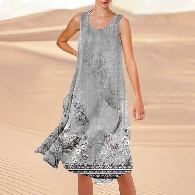 WILLBEST Vestido Largo Informal De Verano Para Mujer, Estampado, Sin Mangas, Hasta La Rodilla, Para Playa, Cuello Redondo, Con Bolsillos, Para Vacaciones, Viajes Y Uso Diario.