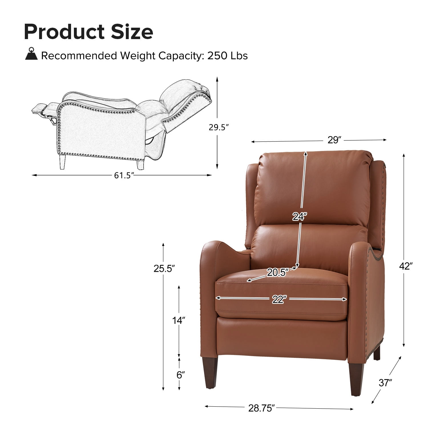 Leather Recliner Chair Set of 2 with Adjustable Backrest & Footrest for Bedroom, Brick