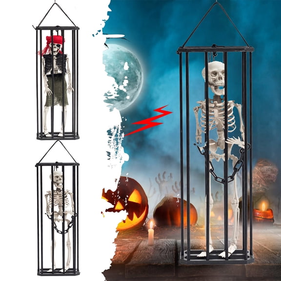 Halloween Animated Cage Ghost Decoration, 16.9 in Sensor Skull Prisoner Prop for Haunted House Porch, Style A