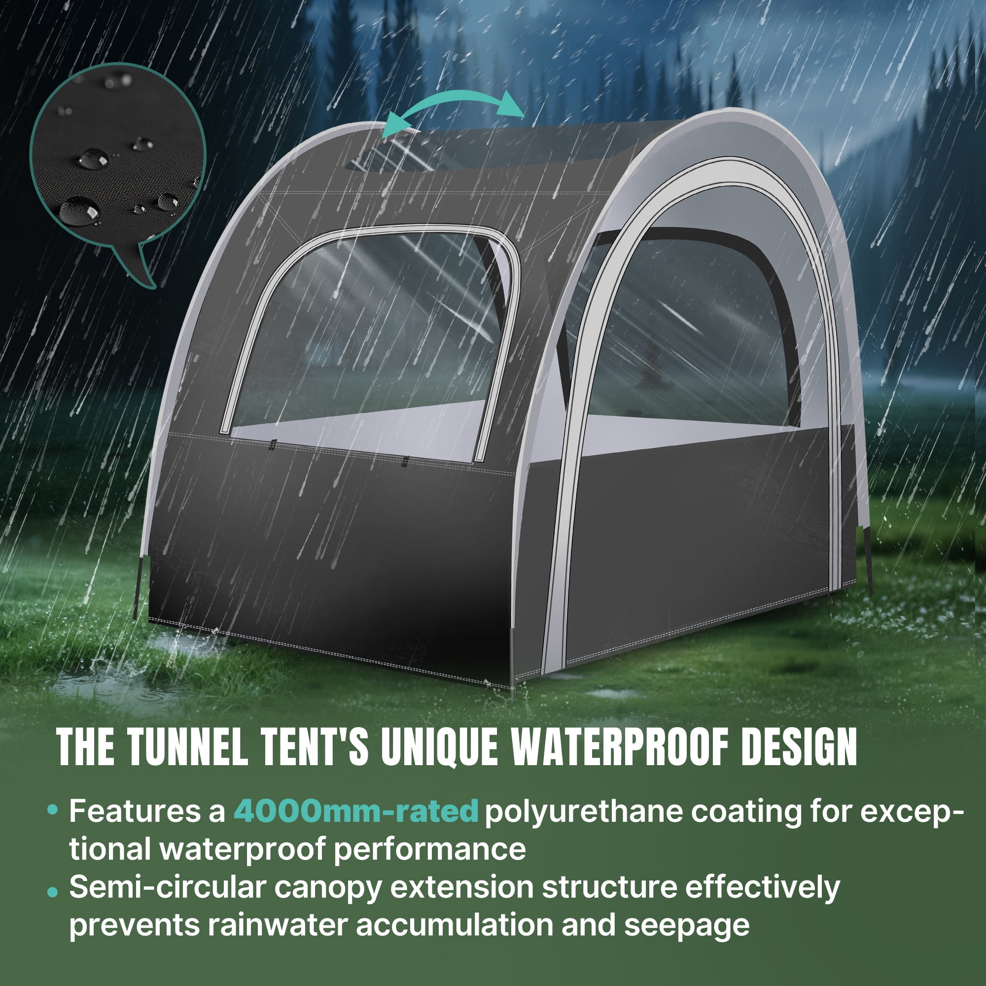 PVC tunnel tent, with super strong rain and windproof and sunshade design, suitable for 3-4 people, featuring a cold condensation-free panoramic skylight, an essential for camping