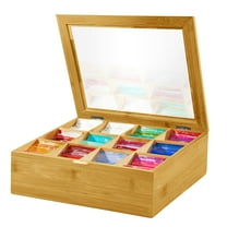 Godance Big Natural Bamboo Tea Storage Organizer with Clear Acrylic Top Window, 12 Compartments Eco-Friendly Tea Bag Holder, Tea Bag Organizer, Multi-Functional Storage Box
