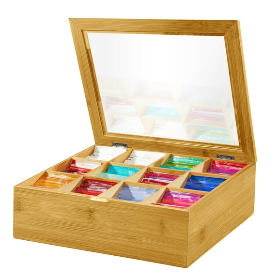 Godance Big Natural Bamboo Tea Storage Organizer with Clear Acrylic Top Window, 12 Compartments Eco-Friendly Tea Bag Holder, Tea Bag Organizer, Multi-Functional Storage Box