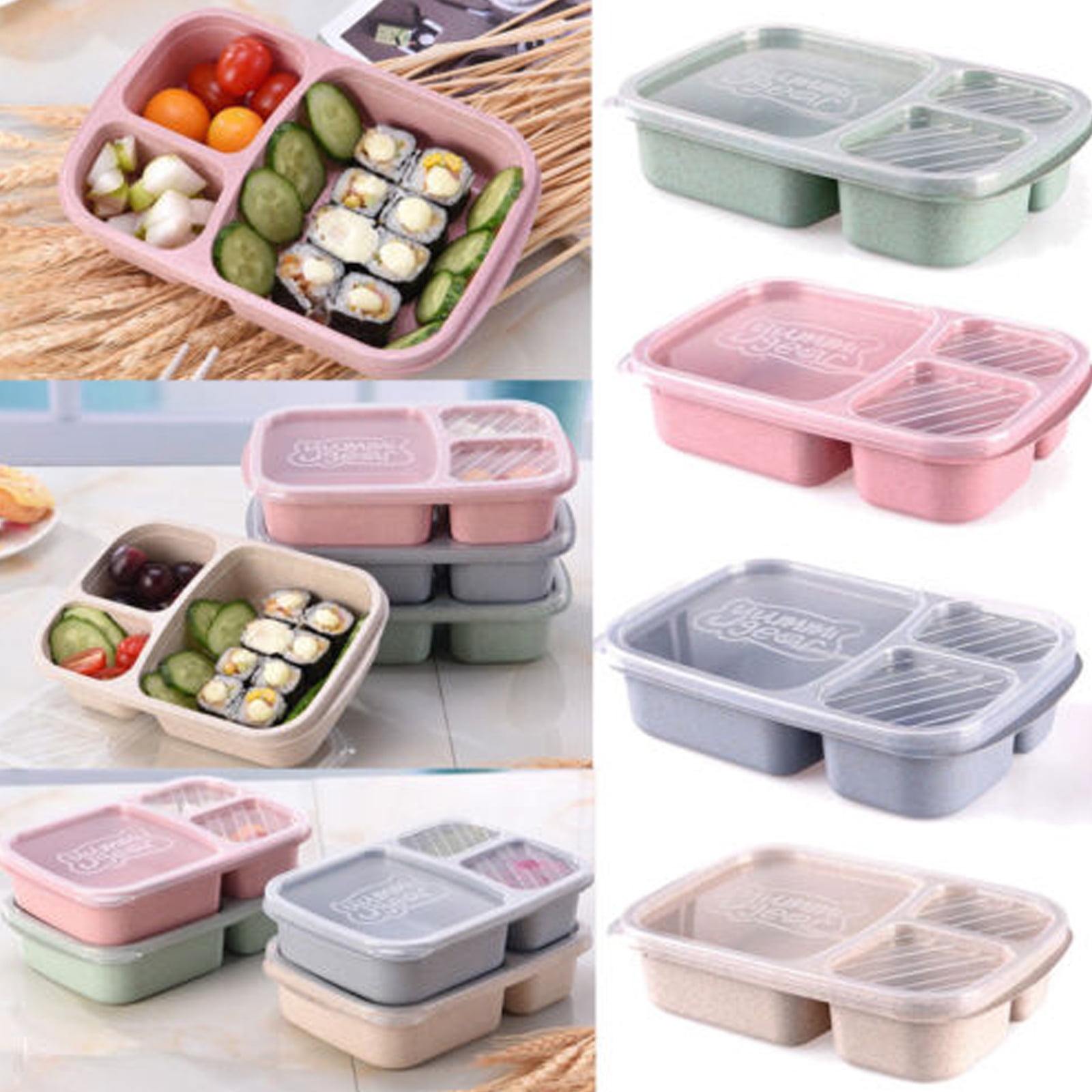 Kitwin Bento Lunch Box for Kids Adults, Reusable Food Container with 3 Compartments and Spoon & Fork, Portable Lunch Container Microwave Safe for Work