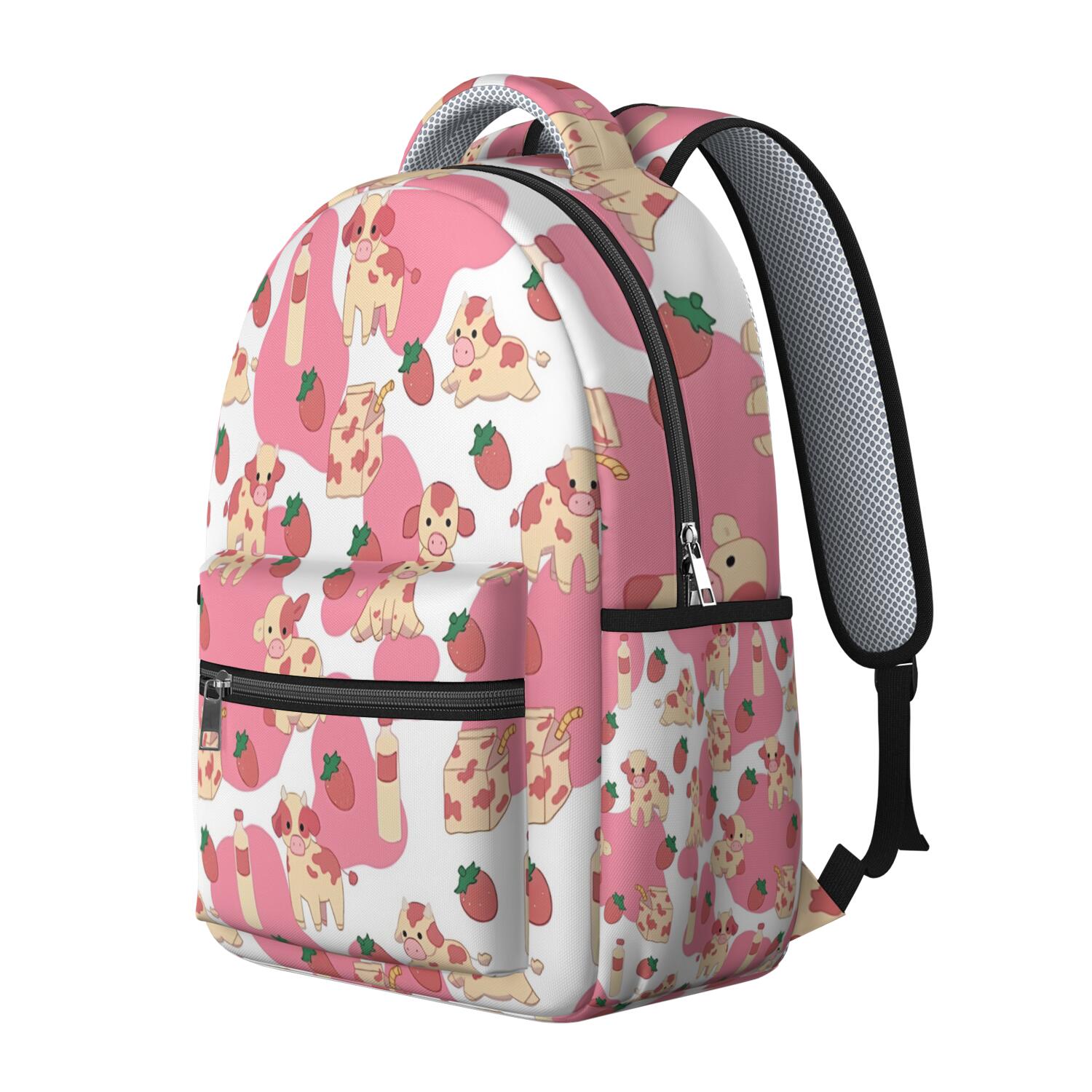 Pink Cow and Strawberry Print Backpack for School,Schoolbag with Adjustable Shoulder Straps & Padded Back,15.3"x11"x7.1".