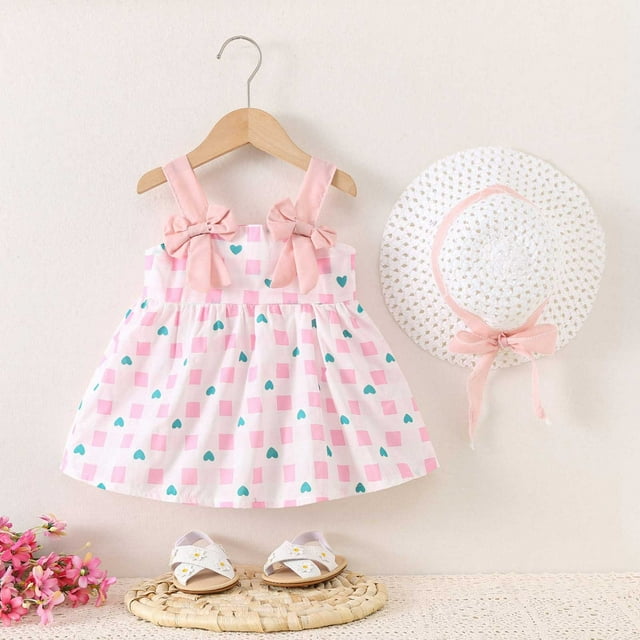 Robes pour Bébé Robe Tutu pour Fillette Sans Manches Robes d'Été pour Filles avec Chapeaux Ensemble 2 Pcs Robe de Princesse pour Bébé 1-2 Ans