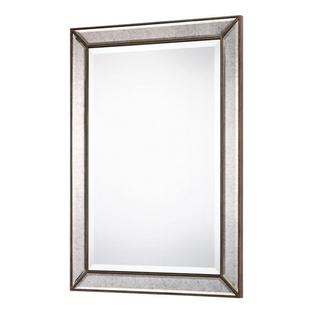 Benzara BM204983 Rectangular Faceted & Beveled Wooden Wall Mirror, Gray & Silver
