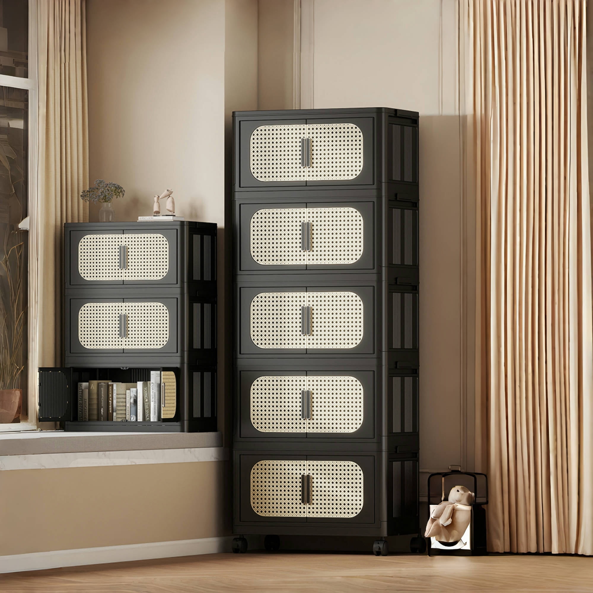 Retro Black Folding Storage Cabinet with Wheels, 4 Tier Collapsible Organizer Bin with Magnetic Door, 20" Wide Side Cabinet for Living Room, Kitchen, Bedroom, Plastic