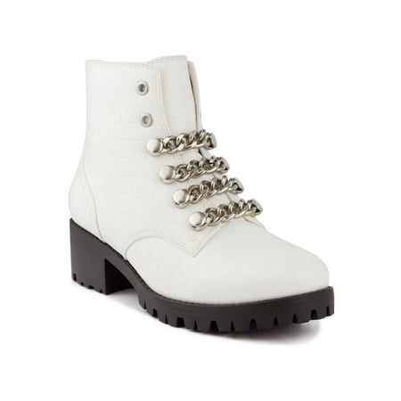 

SUGAR Womens White Lug Sole Obvi Round Toe Block Heel Zip-Up Combat Boots 8 M