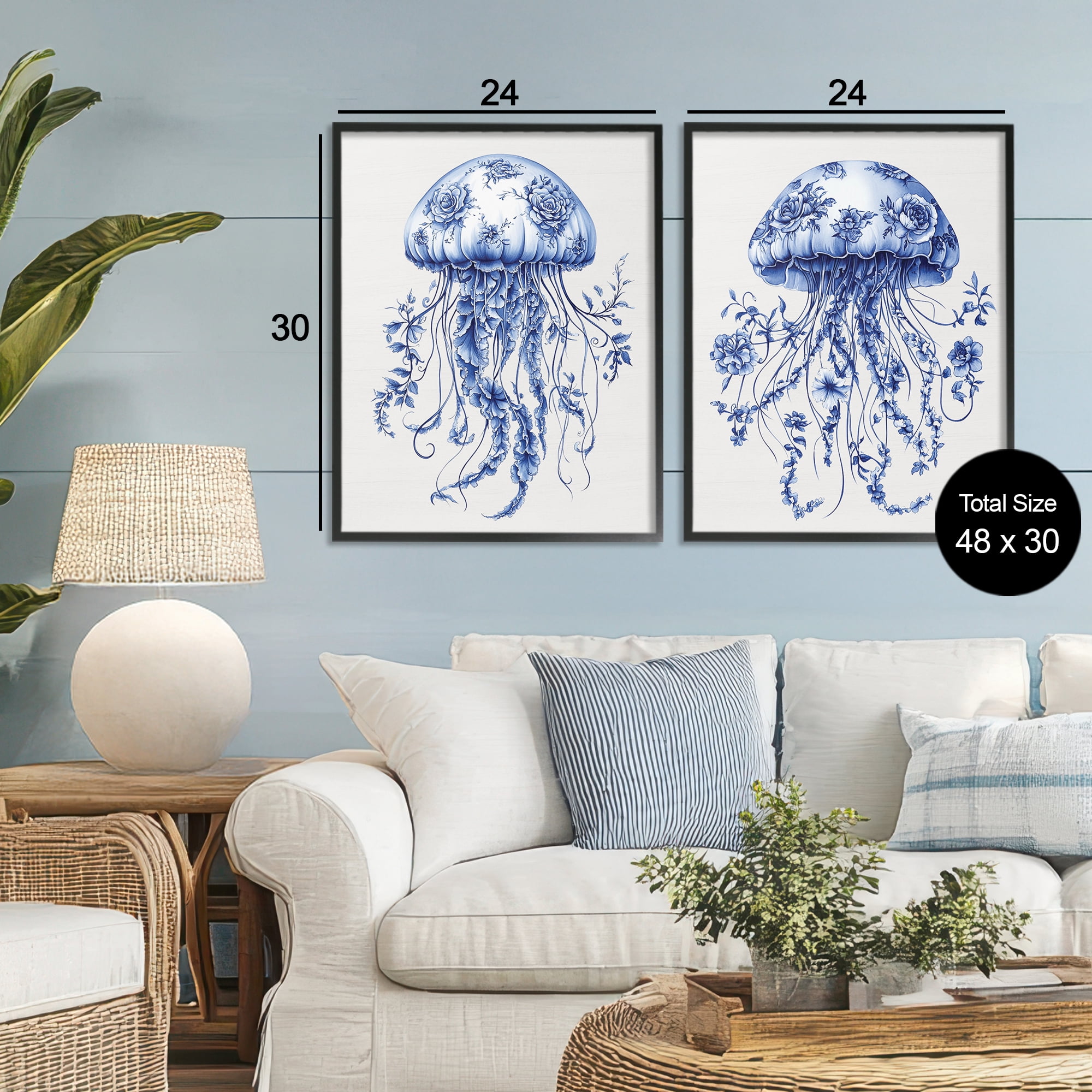 Funky Florals Toile Jellyfish 2 Piece Black Framed Giclee Art Set, design by Lettered and Lined