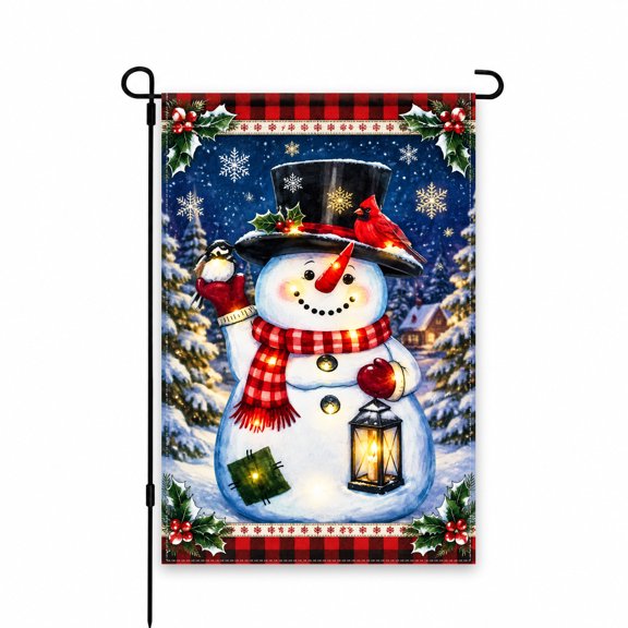Snowman and Cardinal Garden Flag 12x18 Inch - Festive Winter Outdoor Decor for Patio, Yard, Lawn, or Porch - Holiday Snowflakes and Plaid Accents