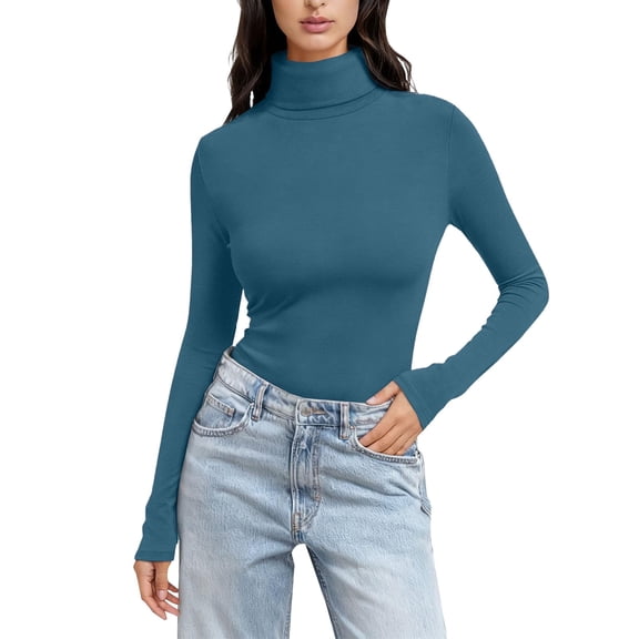 MVRLSH Long Sleeve Shirts For Women Women Solid Color High Neck Long Sleeve Crewneck Slim Fit Basic Rayon Spandex T Shirt Top Blue S-5Xl